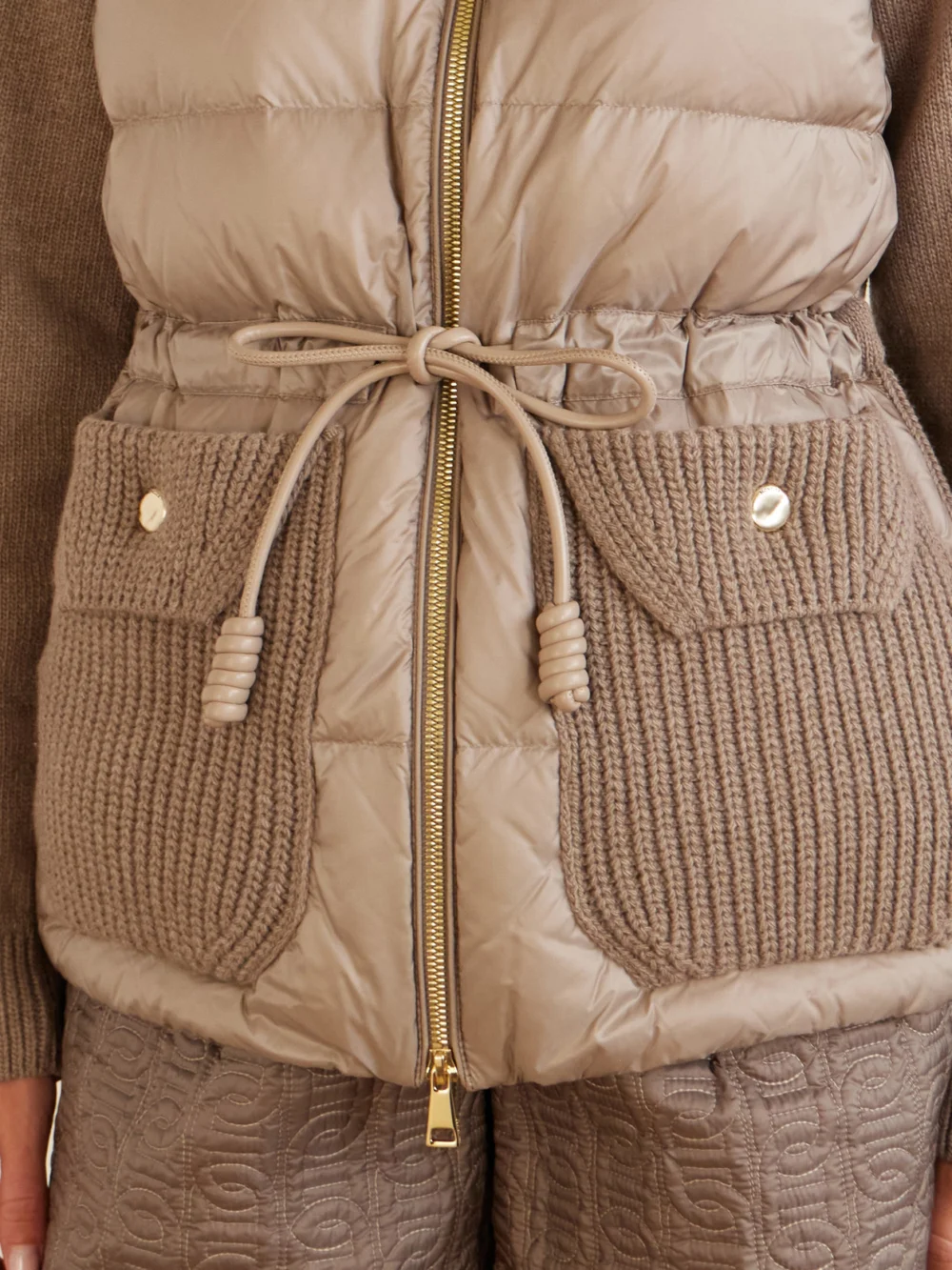 Close-up detail of the Moncler Wool and Cashmere-blend and Quilted Shell Down Cardigan