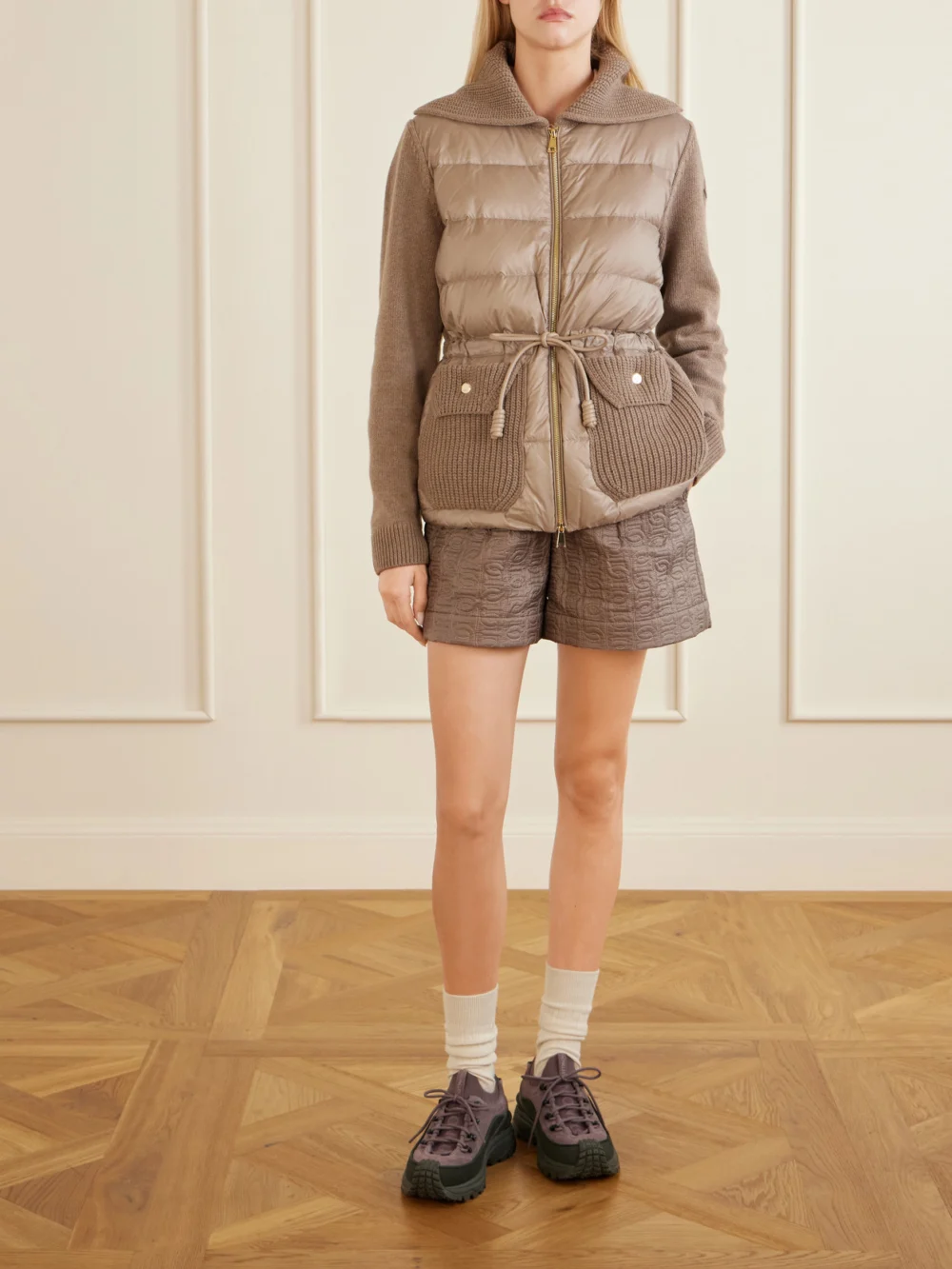 Moncler Wool and Cashmere-blend and Quilted Shell Down Cardigan, worn by a model
