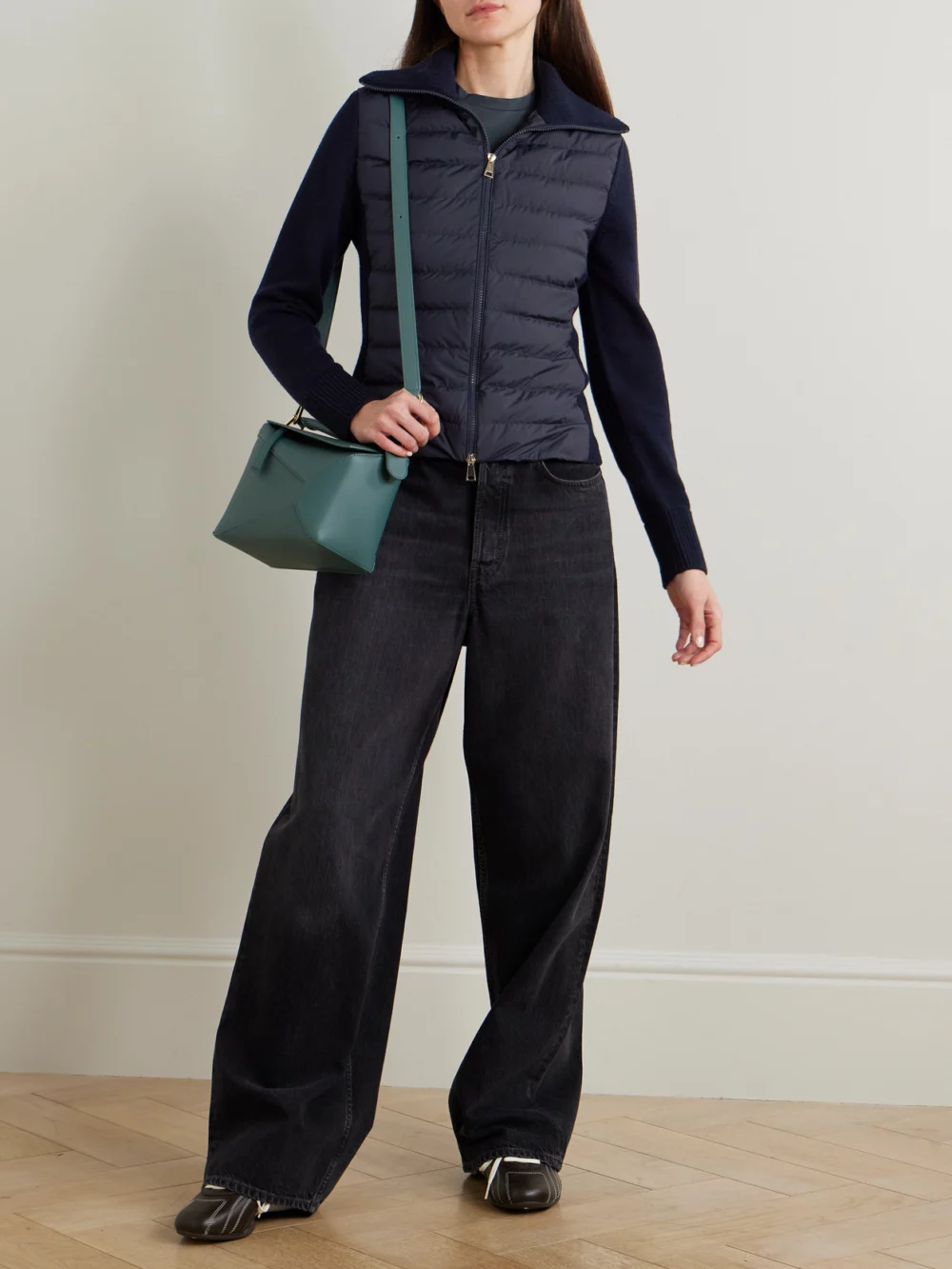 Moncler Wool and Padded Quilted Shell Down Cardigan, worn by a model
