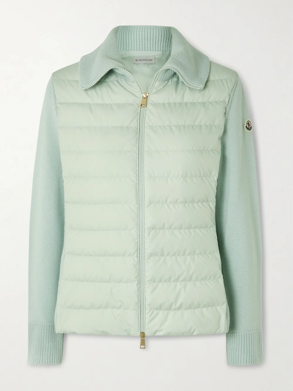Moncler Wool and Padded Quilted Shell Down Cardigan in sage green