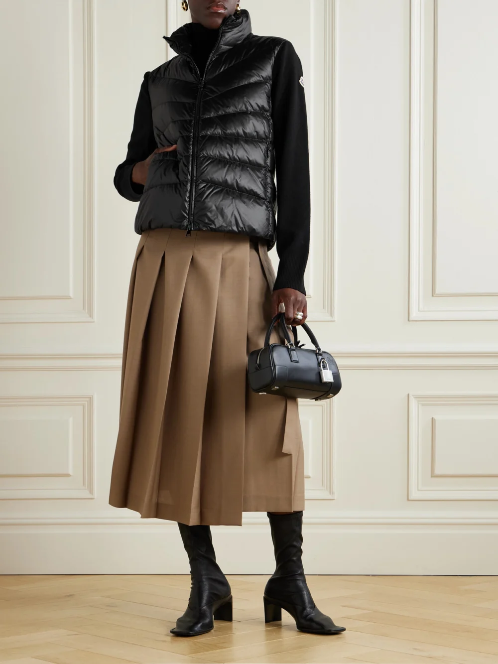 Moncler Wool and Shell Quilted Down Jacket, worn by a model