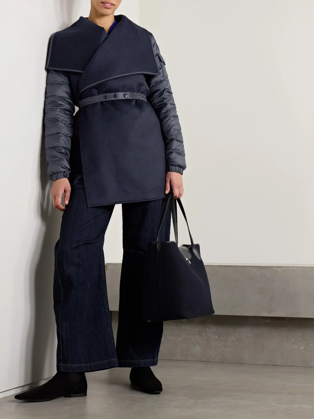 Moncler Wool-blend Felt and Quilted Shell Down Jacket, worn by a model
