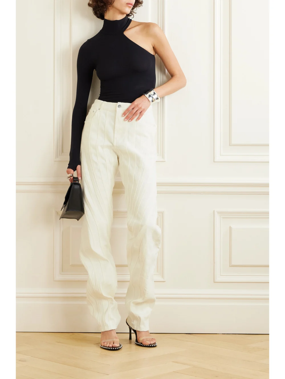 Mugler Paneled Straight-leg Jeans, worn by a model