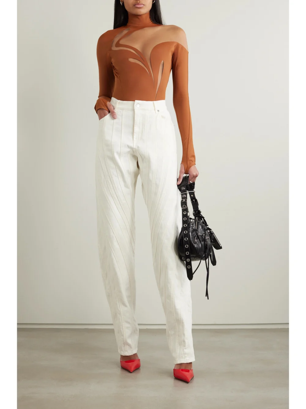 Mugler Stretch-jersey and Tulle Bodysuit, worn by a model