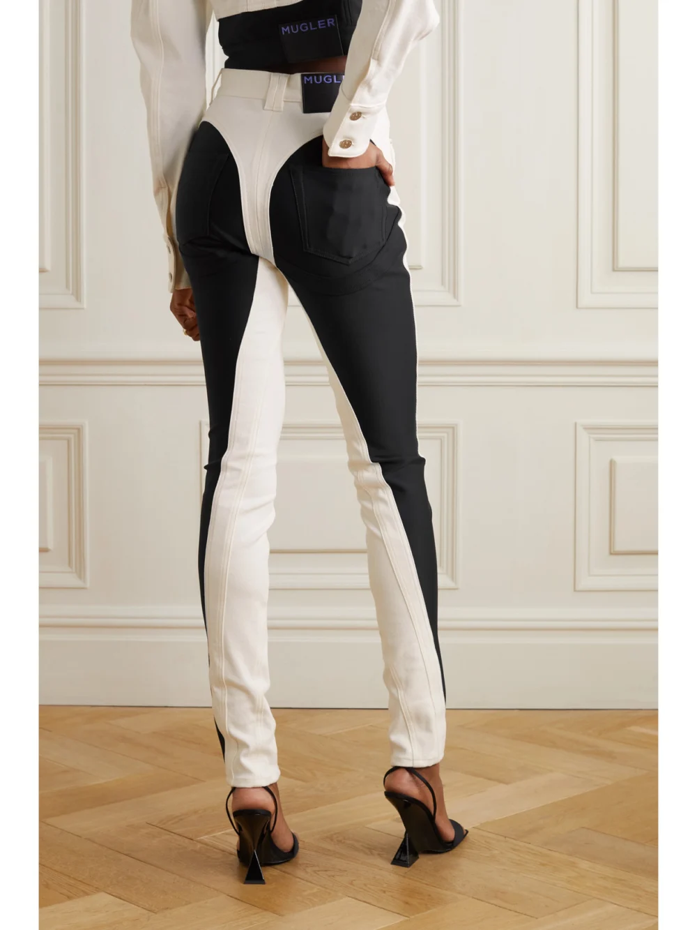 Back view of the Mugler Stretch Jersey-trimmed High-rise Skinny Jeans