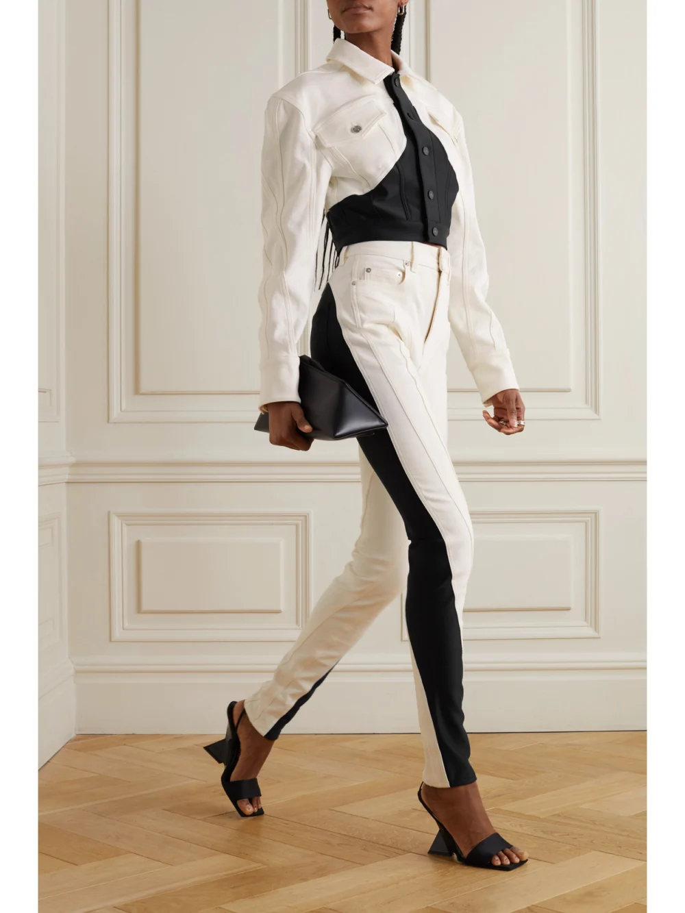 Mugler Stretch Jersey-trimmed High-rise Skinny Jeans, worn by a model