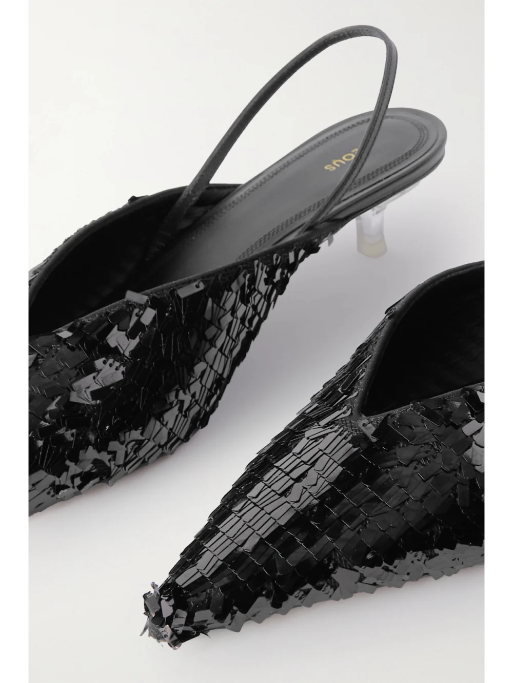 Close-up detail of the Neous Irena Sequined Leather Slingback Pumps