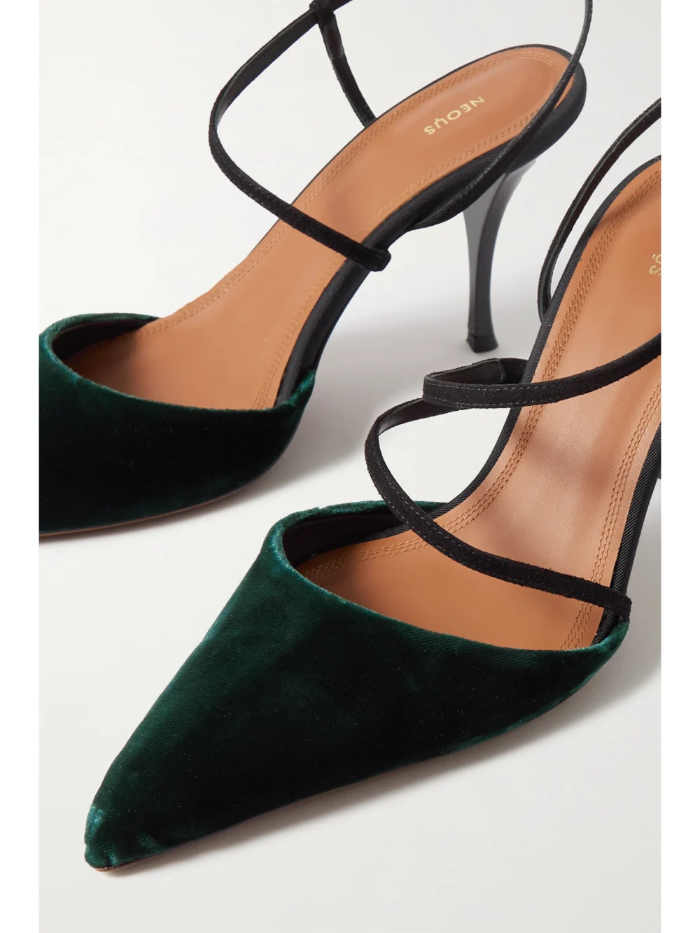 Close-up detail of the Neous Tangra Suede-trimmed Velvet Pumps