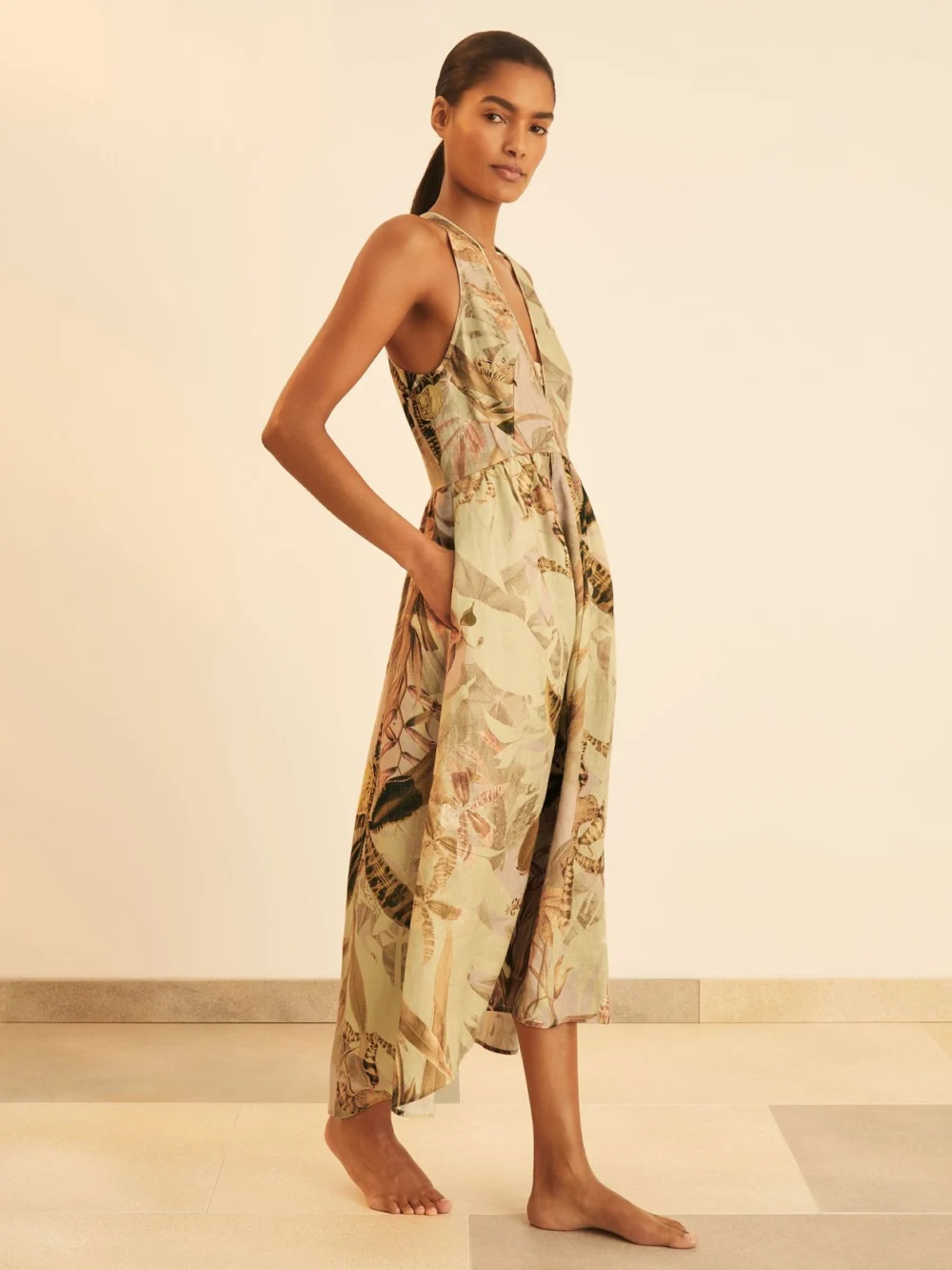 New York Botanical Gardens New York Botanical Gardens Women's Khaki & Brown Linen Floral Print Midi Dress, view 2