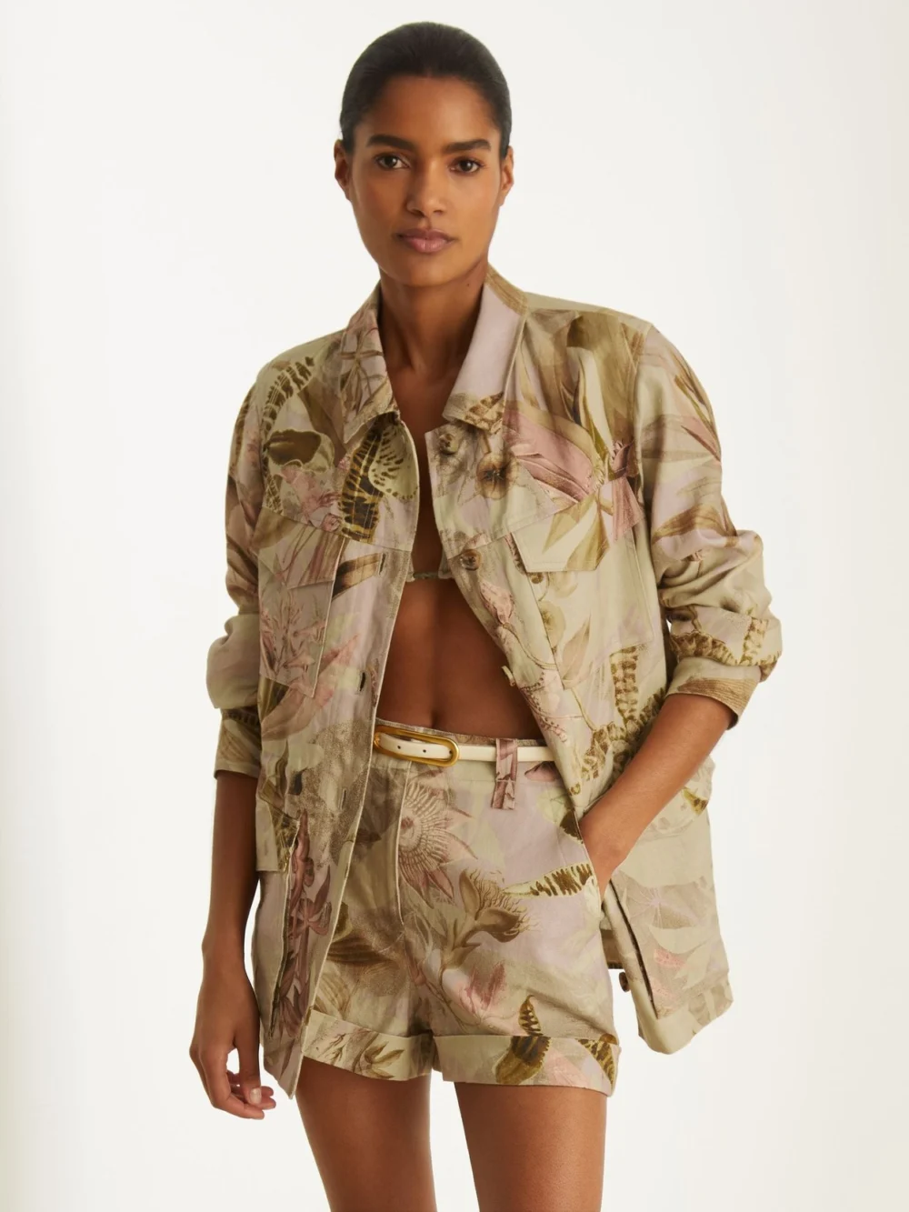 New York Botanical Gardens x NYBG Light Khaki Linen Floral Utility Jacket