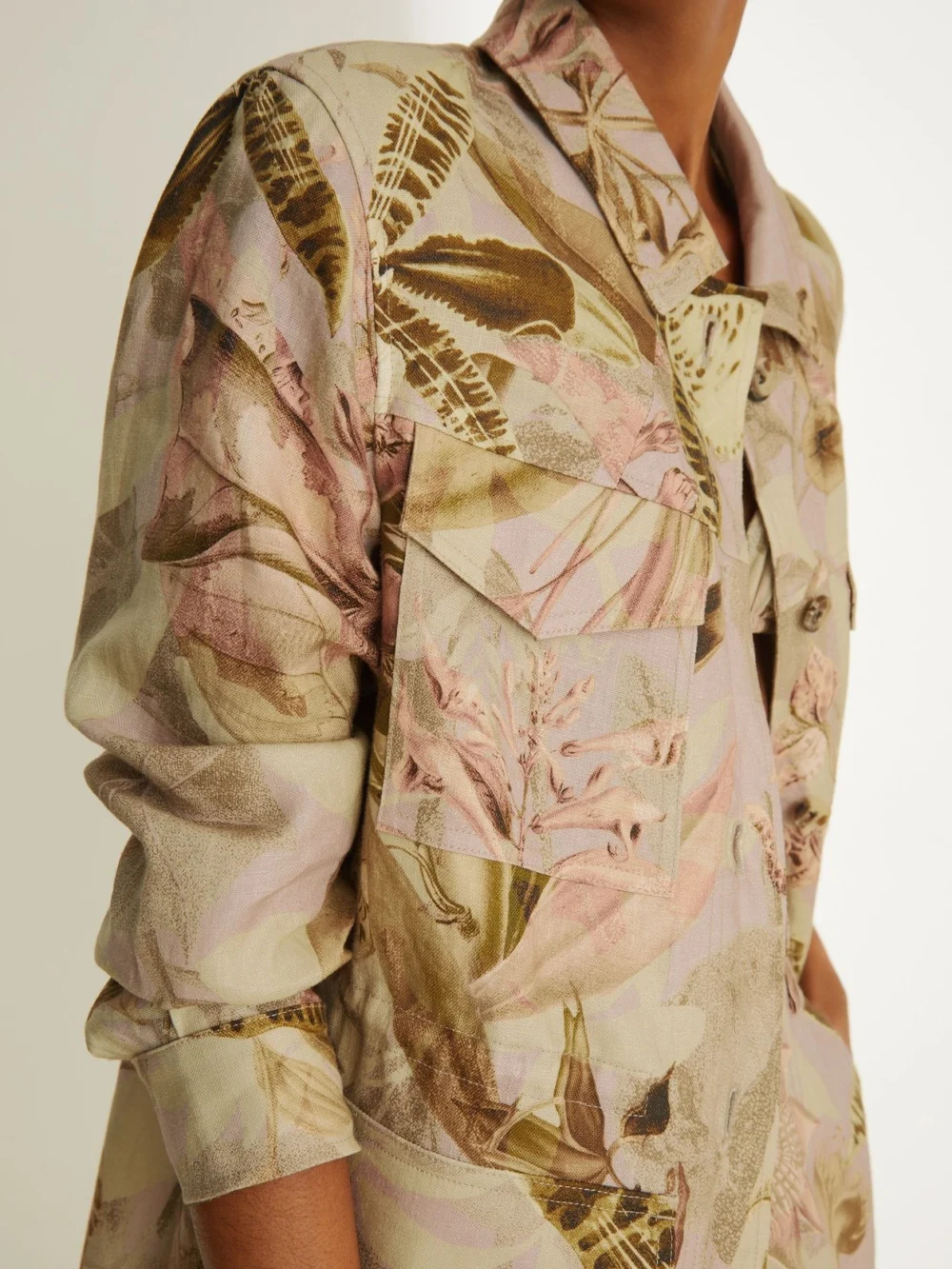 New York Botanical Gardens x NYBG Light Khaki Linen Floral Utility Jacket, view 4
