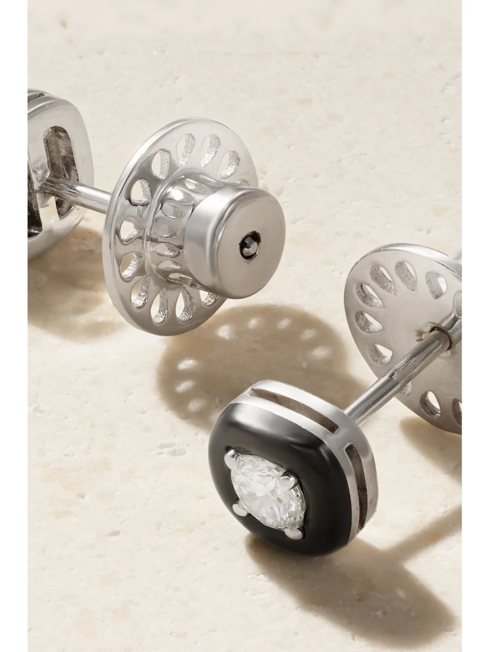 Back view of the Nikos Koulis Oui 18-karat White Gold, Diamond and Enamel Earrings