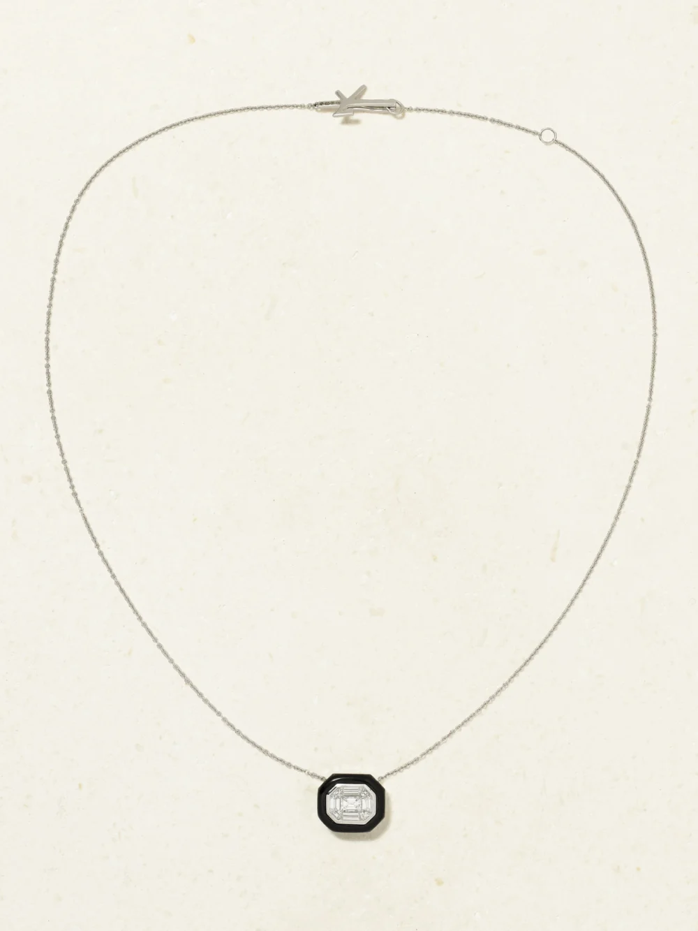 Close-up detail of the Nikos Koulis Oui 18-karat White Gold, Diamond and Enamel Necklace