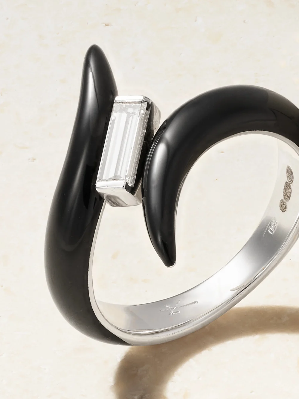 Close-up detail of the Nikos Koulis Oui 18-karat White Gold, Diamond and Enamel Ring