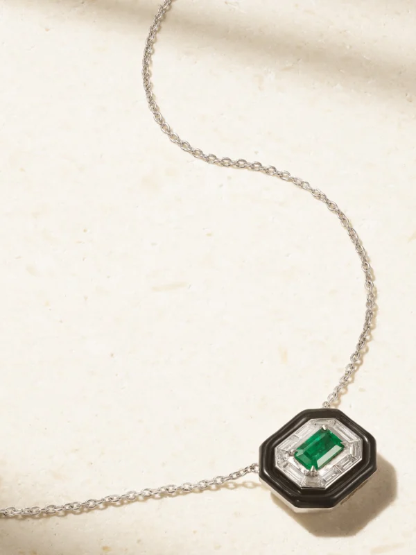 Nikos Koulis Oui 18-karat White Gold, Emerald, Diamond and Enamel Necklace