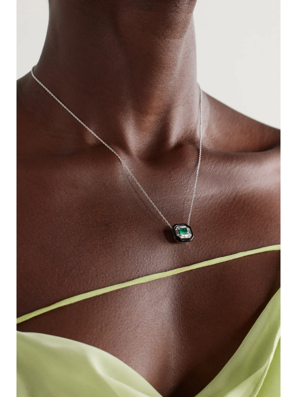 Nikos Koulis Oui 18-karat White Gold, Emerald, Diamond and Enamel Necklace, styled view