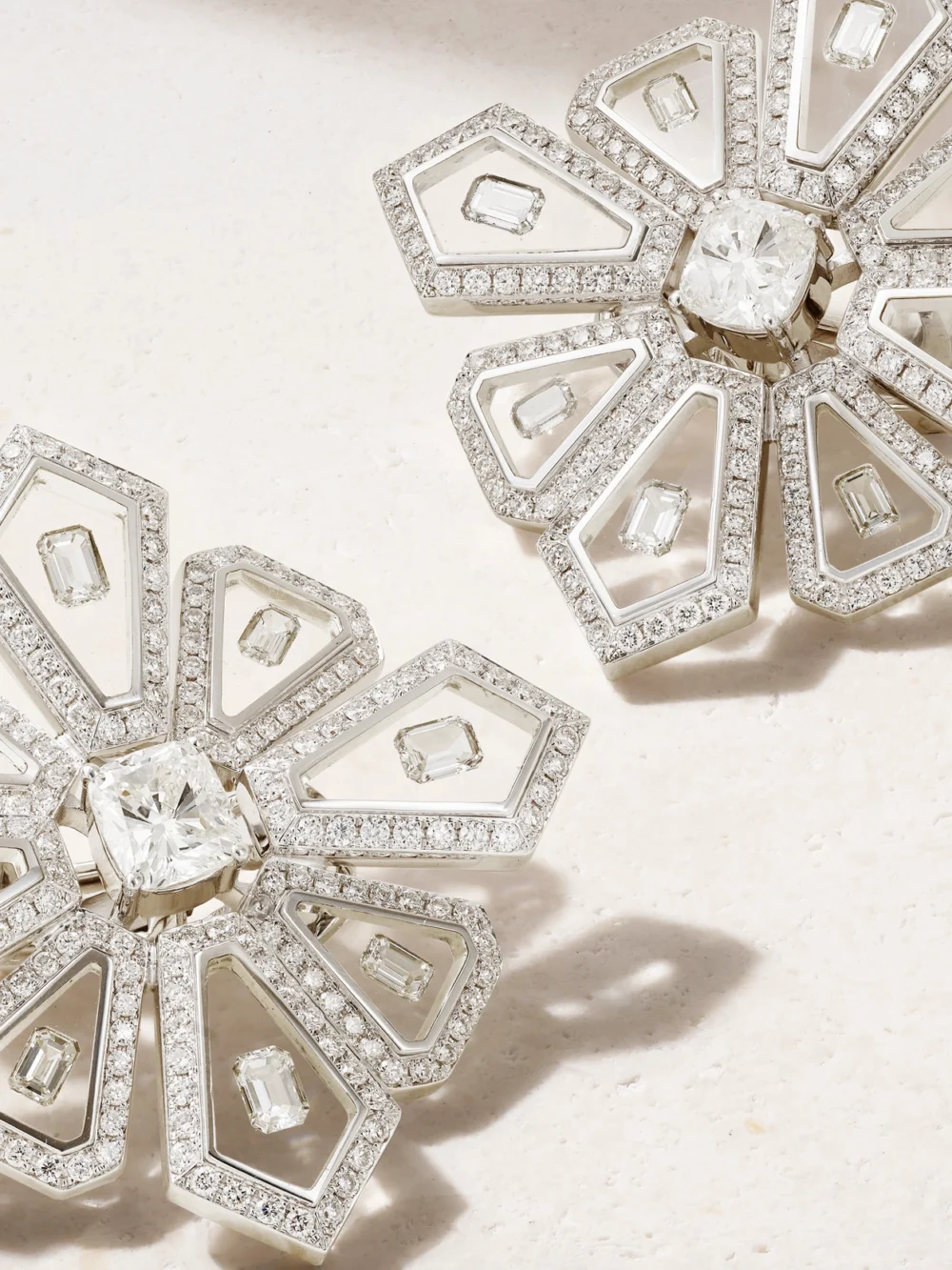 Close-up detail of the Nikos Koulis Universe 18-karat White Gold, Diamond and Enamel Earrings
