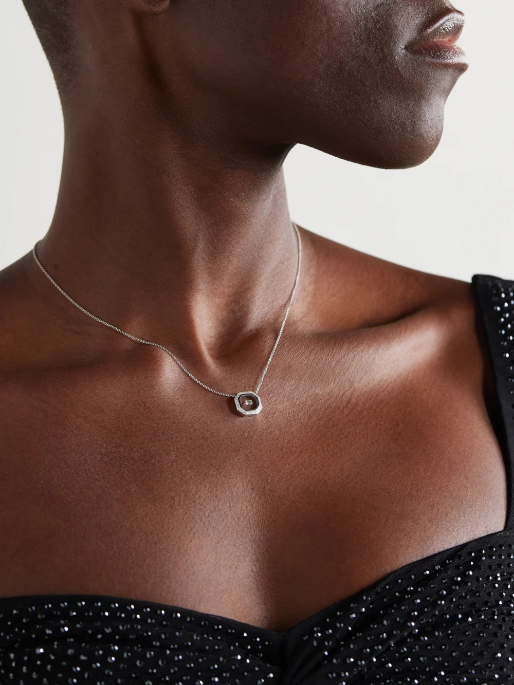 Nikos Koulis Universe 18-karat White Gold, Diamond and Enamel Necklace, styled view