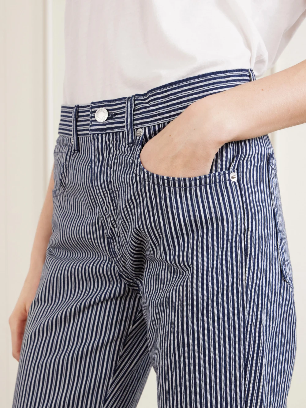 Close-up detail of the Nili Lotan Celia Striped Straight-leg Jeans