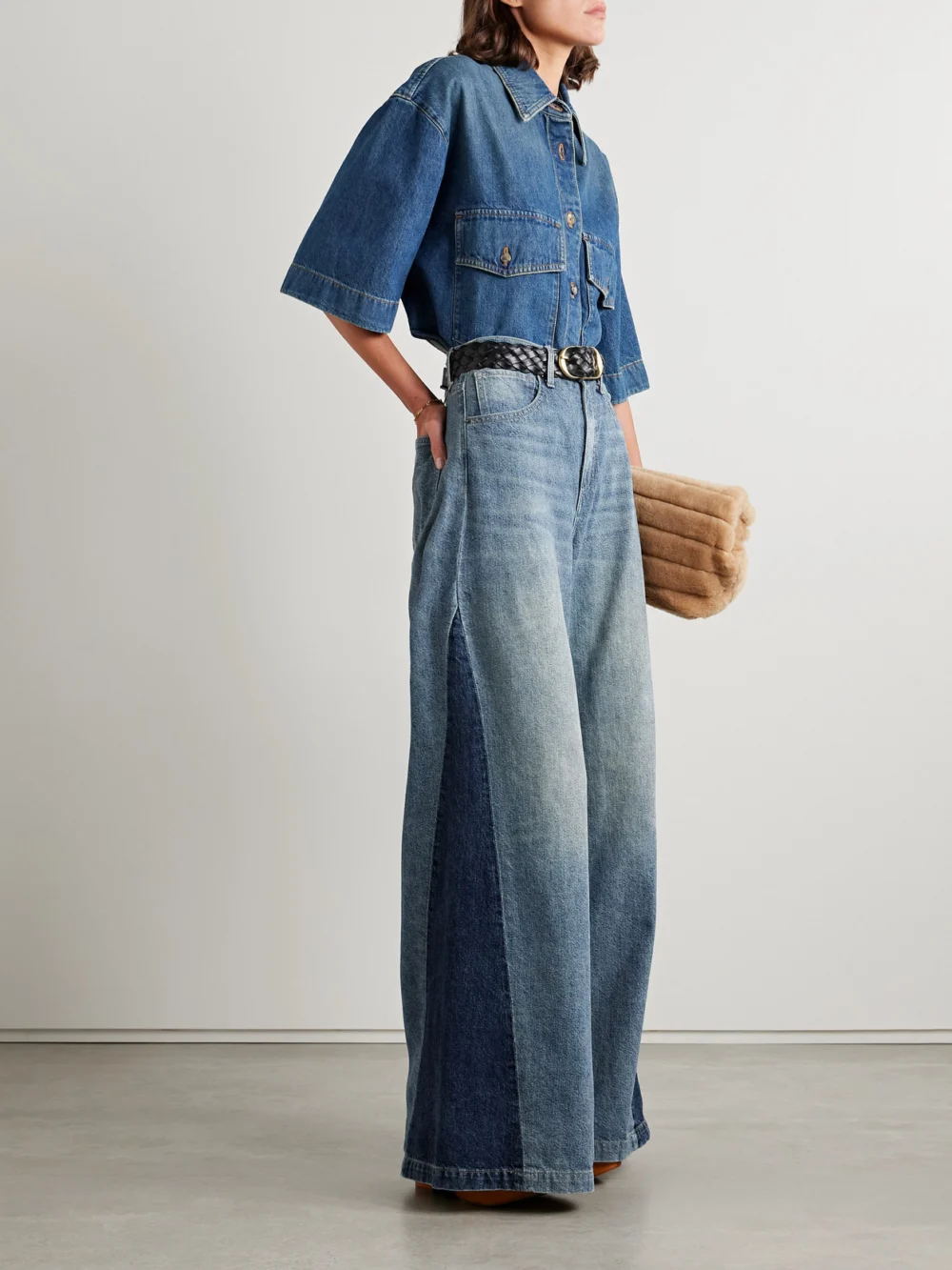 Nili Lotan Ebony Paneled Two-tone High-rise Wide-leg Jeans, worn by a model