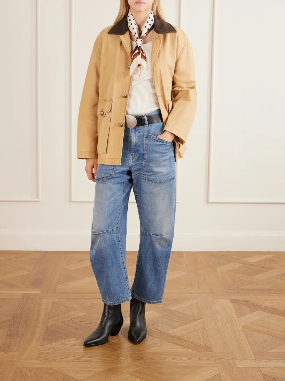 Nili Lotan Shon Boyfriend Tapered Jeans, worn by a model