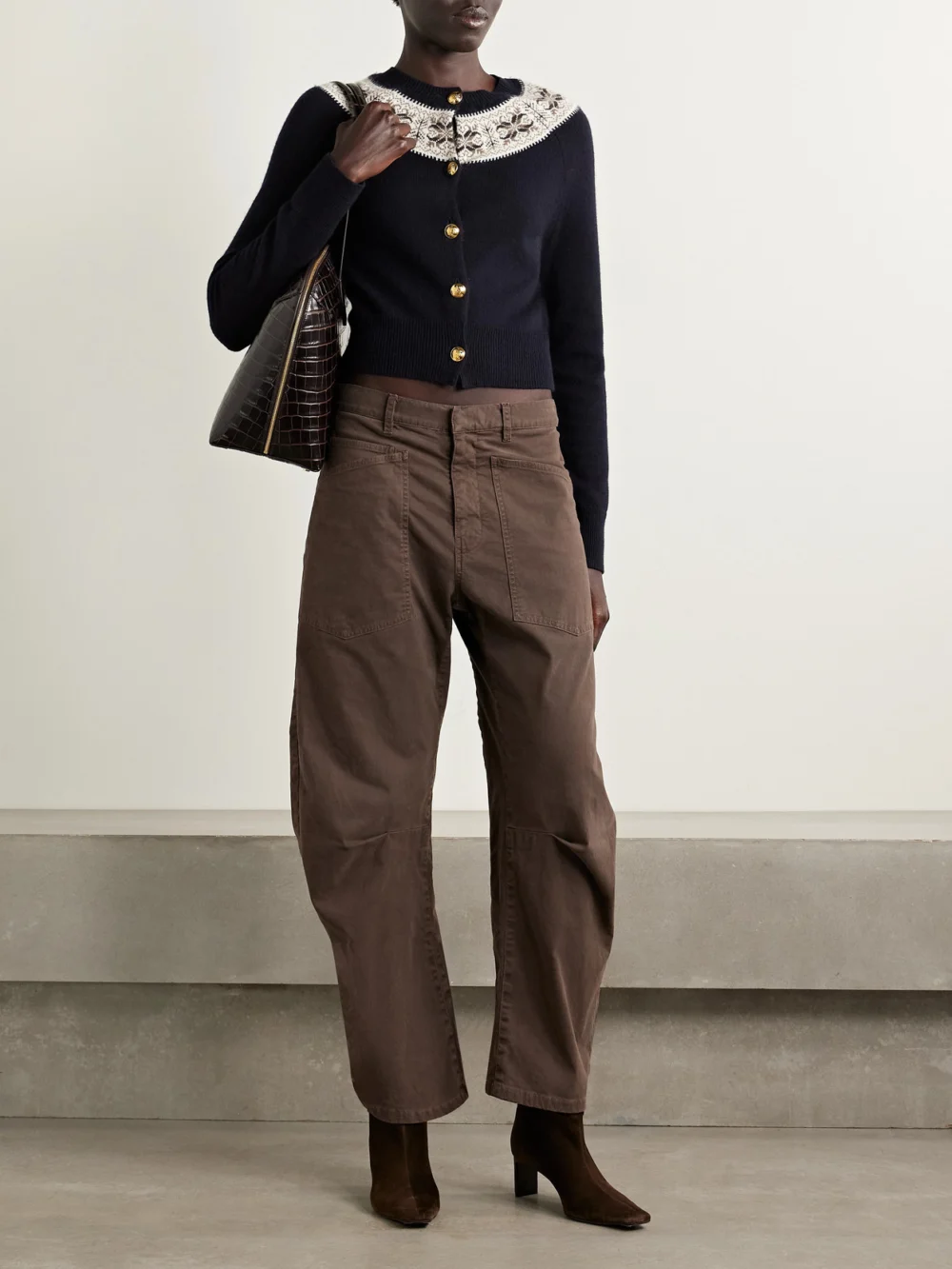 Nili Lotan Shon Brushed Stretch-cotton Twill Barrel-leg Pants, worn by a model