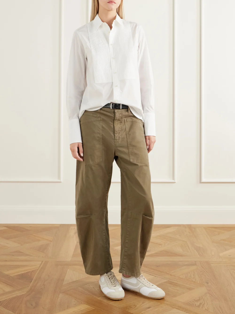 Nili Lotan Shon Cotton-blend Twill Barrel-leg Pants, worn by a model