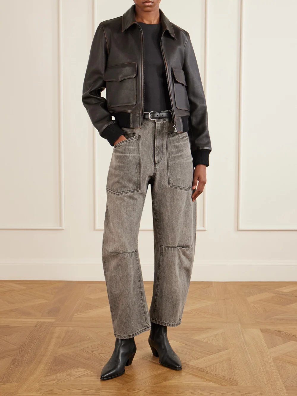 Nili Lotan Shon Mid-rise Barrel-leg Jeans, worn by a model
