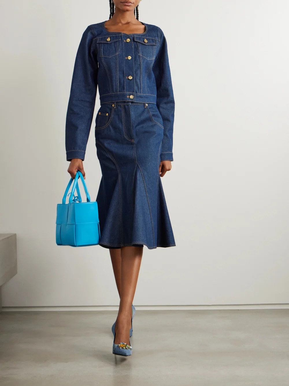 Nina Ricci Cropped Topstitched Denim Jacket, worn by a model