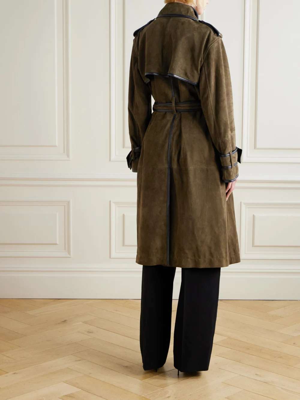 Back view of the Nina Ricci Double-breasted Belted Velvet and Leather-trimmed Suede Coat