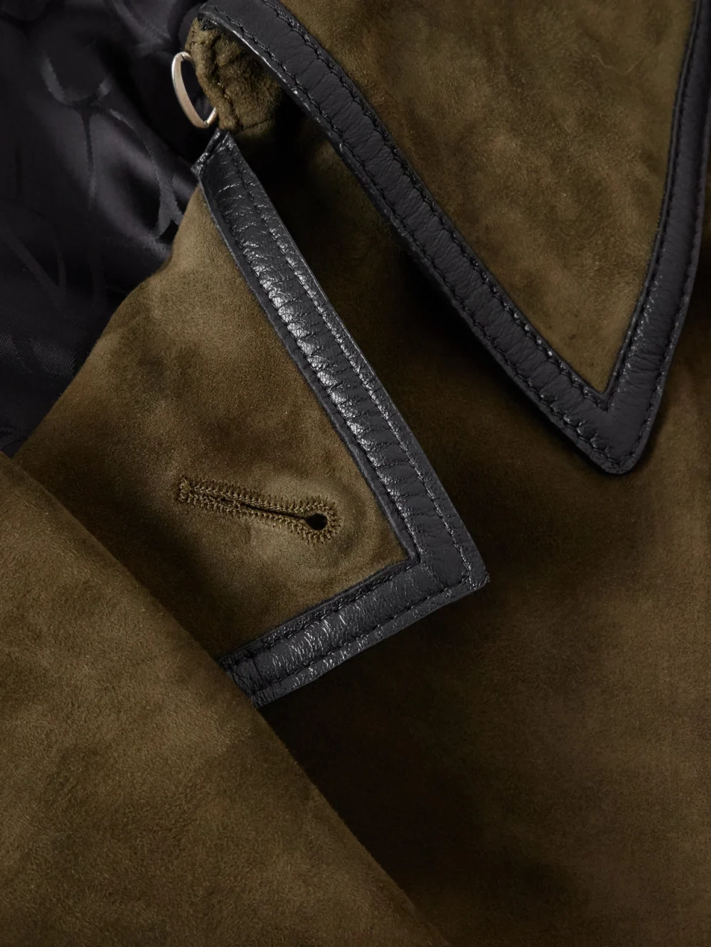 Close-up detail of the Nina Ricci Double-breasted Belted Velvet and Leather-trimmed Suede Coat