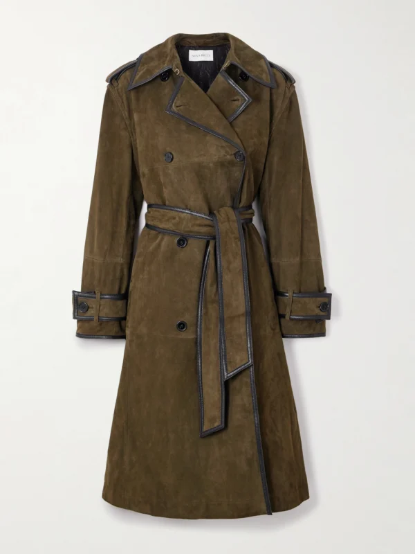 Nina Ricci Double-breasted Belted Velvet and Leather-trimmed Suede Coat