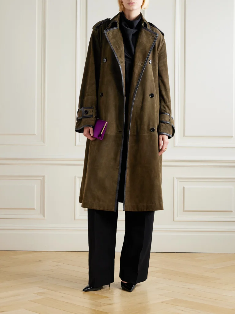 Nina Ricci Double-breasted Belted Velvet and Leather-trimmed Suede Coat