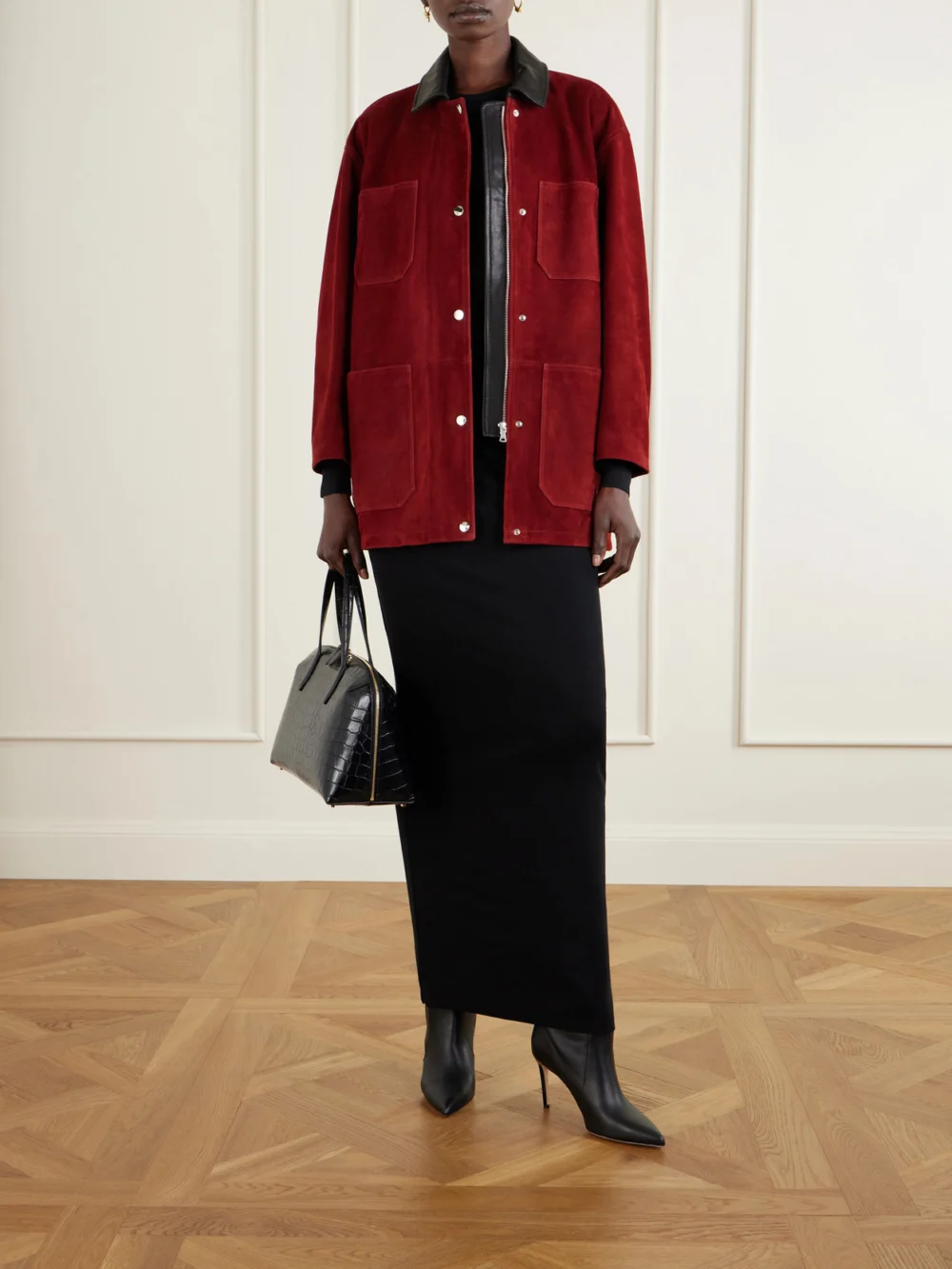 Nour Hammour Barn Leather-trimmed Suede Jacket, worn by a model