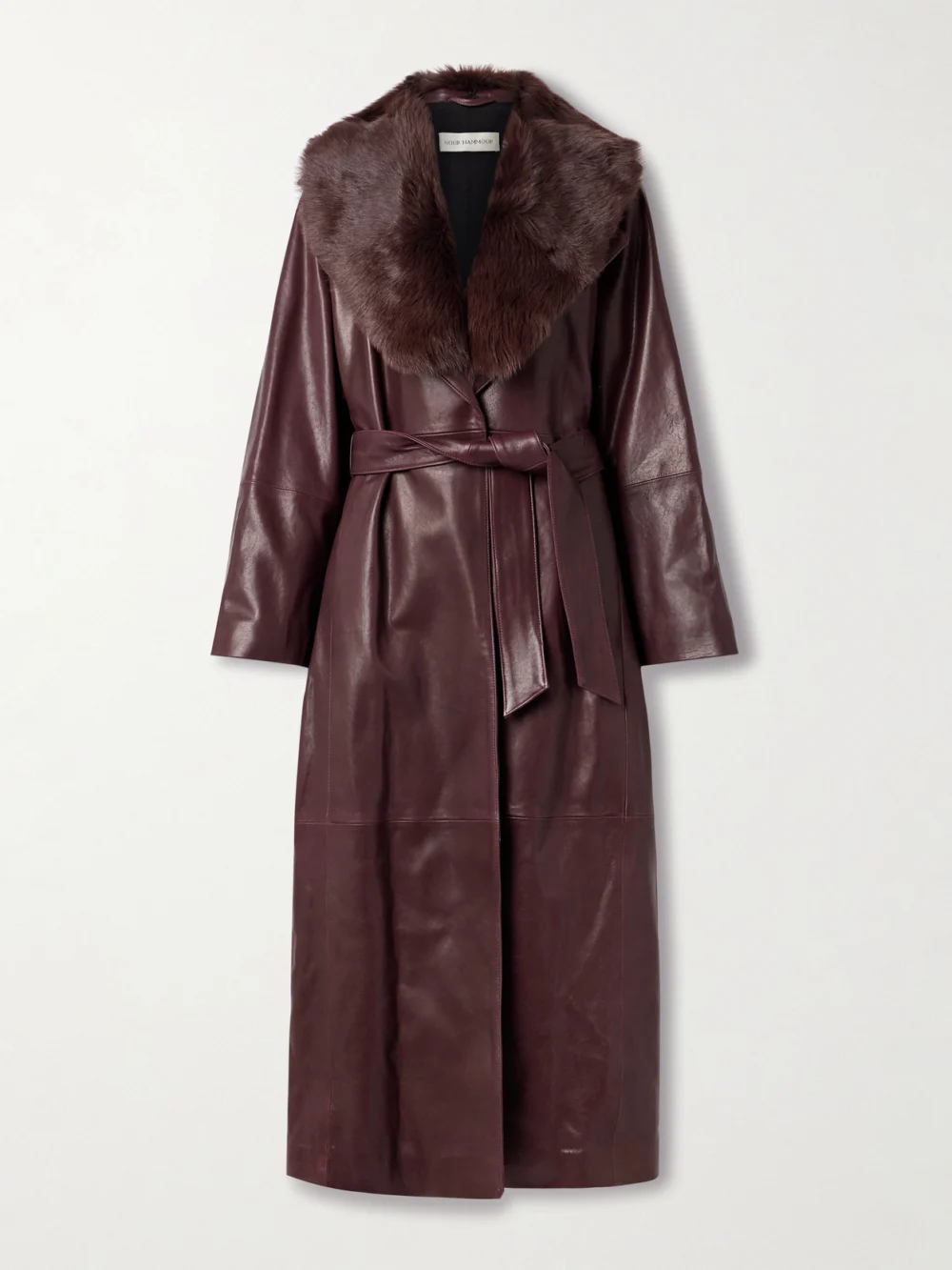 Nour Hammour Briona Belted Shearling-trimmed Leather Coat in plum