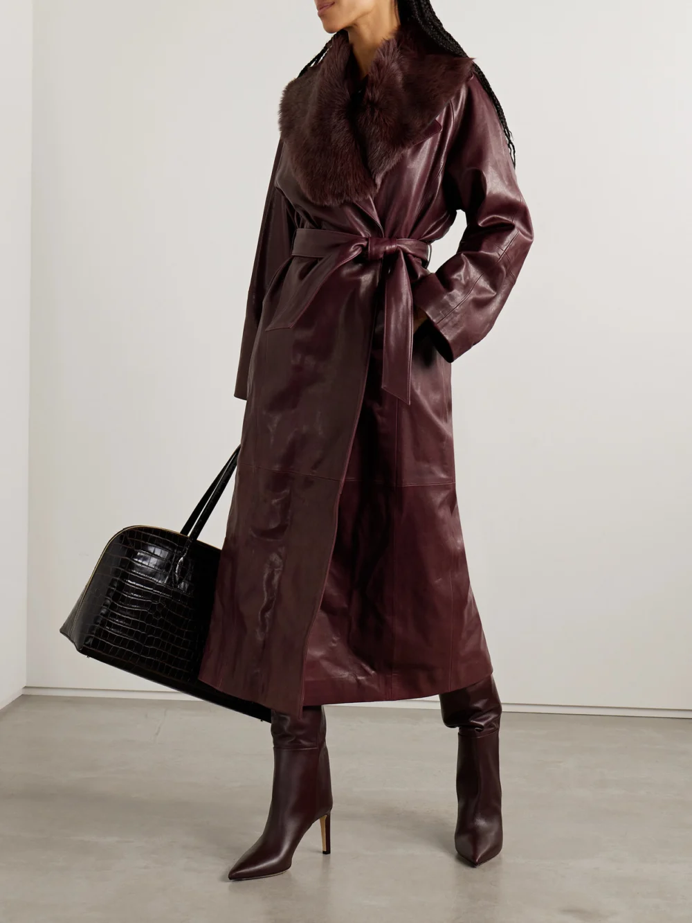 Nour Hammour Briona Belted Shearling-trimmed Leather Coat, worn by a model