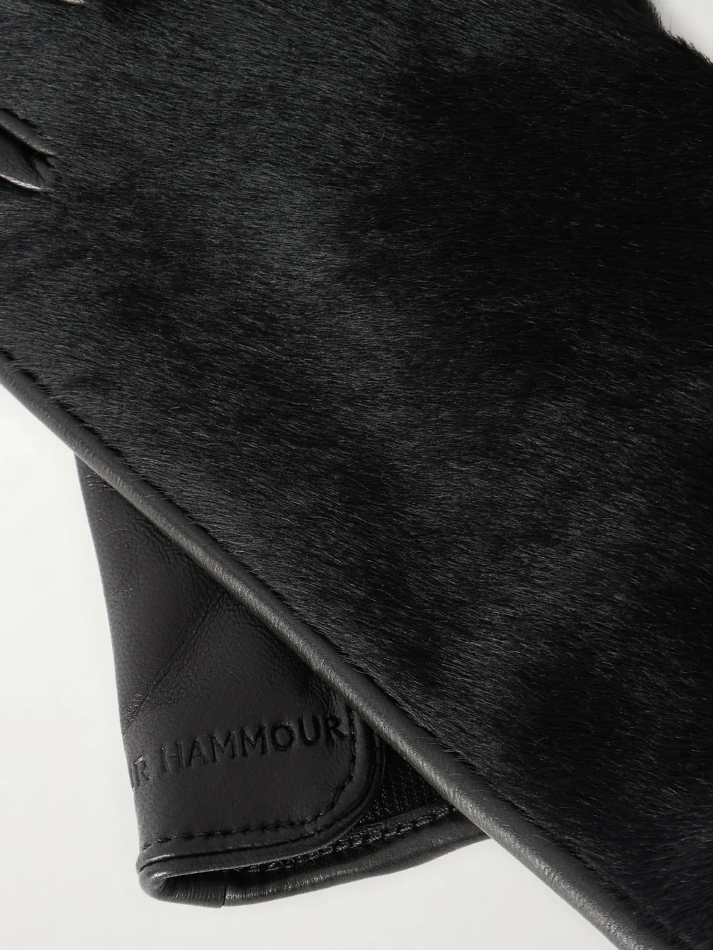 Close-up detail of the Nour Hammour Calf Hair and Leather Gloves