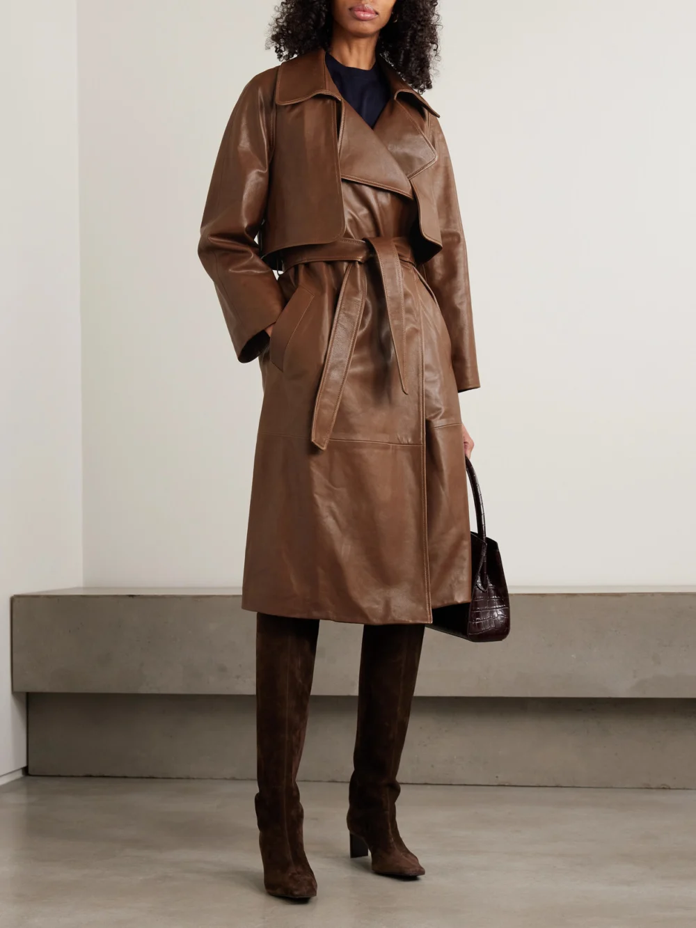Nour Hammour Cisely Belted Leather Trench Coat, worn by a model