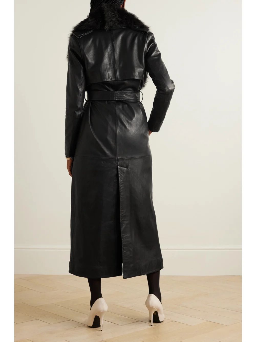 Back view of the Nour Hammour Dakota Belted Shearling-trimmed Leather Coat