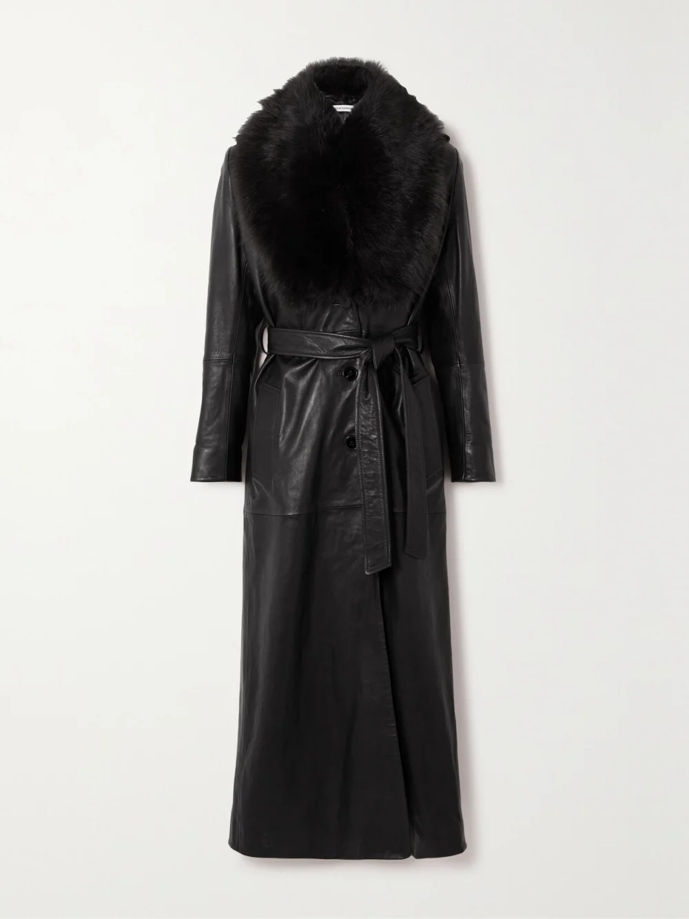 Nour Hammour Dakota Belted Shearling-trimmed Leather Coat in black