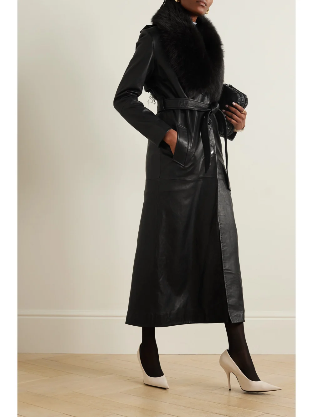 Nour Hammour Dakota Belted Shearling-trimmed Leather Coat, worn by a model