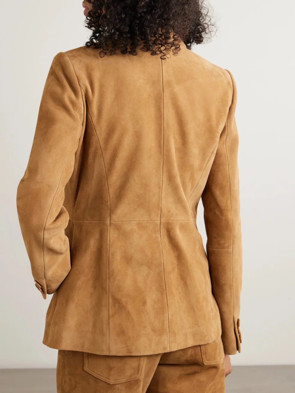 Back view of the Nour Hammour Double-breasted Paneled Asymmetric Brushed-suede Blazer