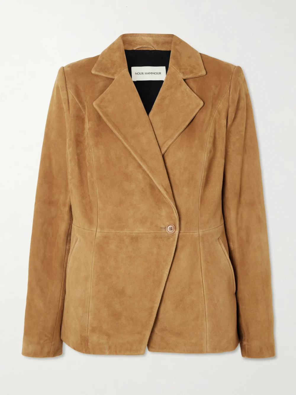 Nour Hammour Double-breasted Paneled Asymmetric Brushed-suede Blazer in camel