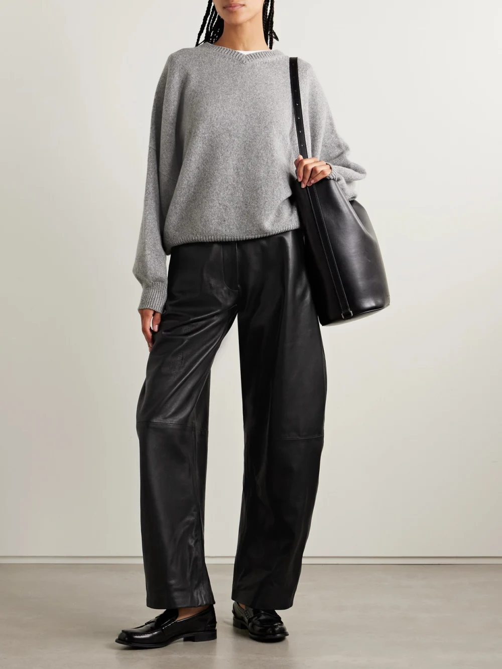 Nour Hammour Leather Barrel-leg Pants, worn by a model
