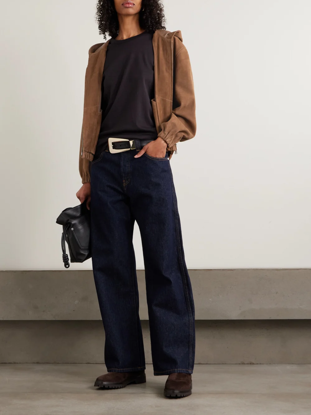 Nour Hammour Leo Paneled Suede Hoodie, worn by a model