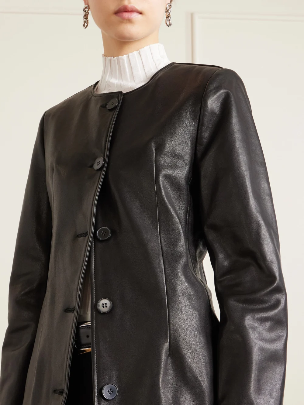 Close-up detail of the Nour Hammour Maud Paneled Leather Jacket