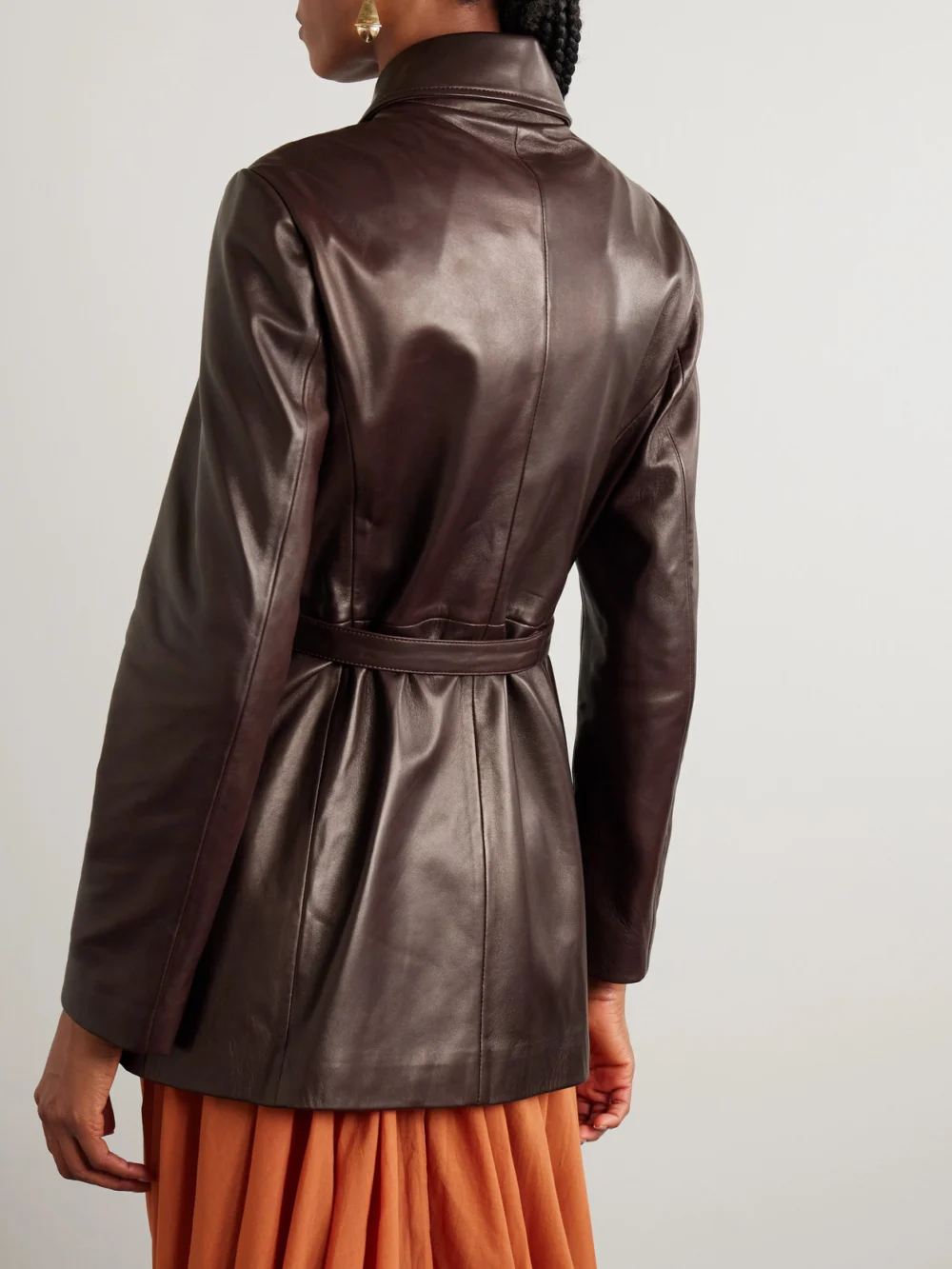 Back view of the Nour Hammour Ramona Belted Paneled Leather Jacket