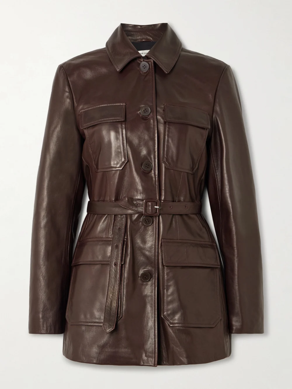 Nour Hammour Ramona Belted Paneled Leather Jacket in burgundy