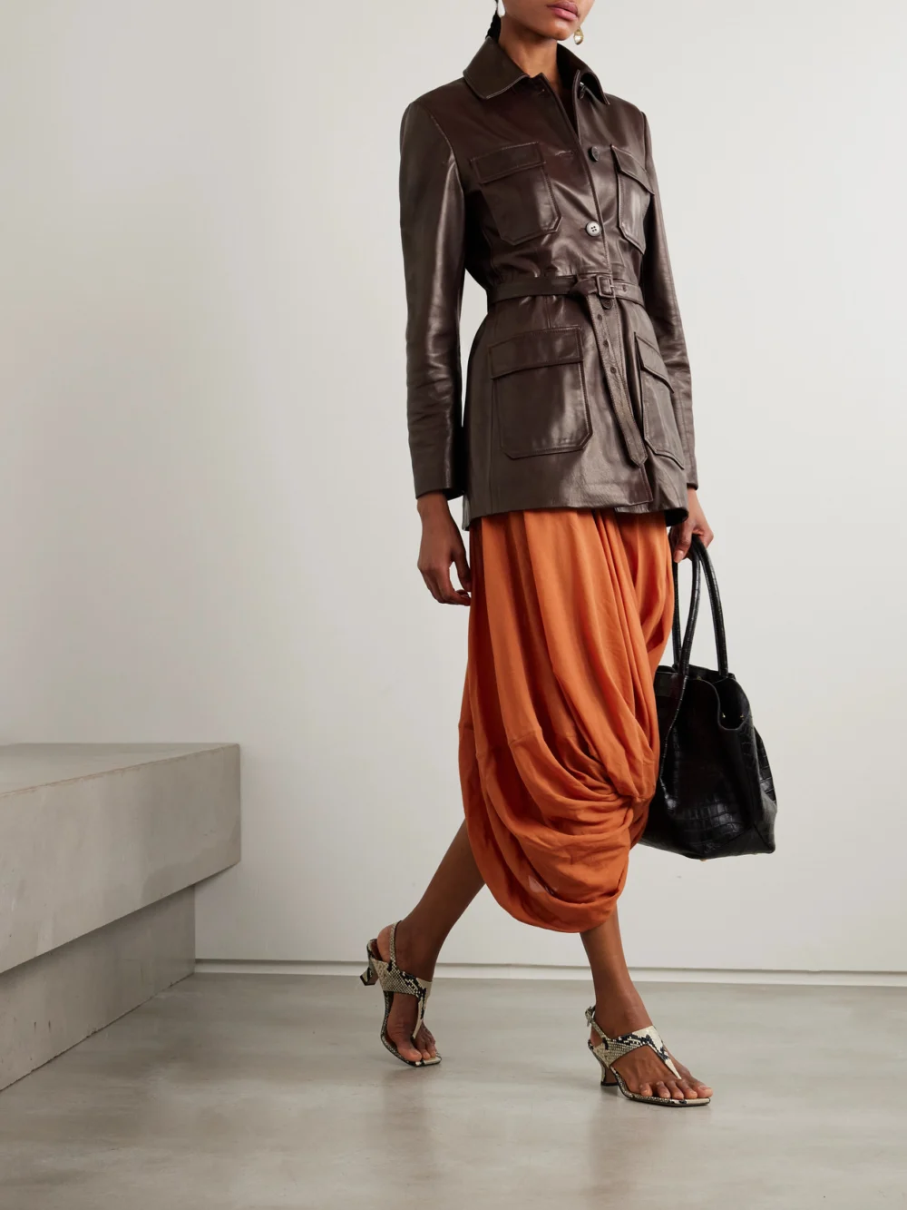 Nour Hammour Ramona Belted Paneled Leather Jacket, worn by a model