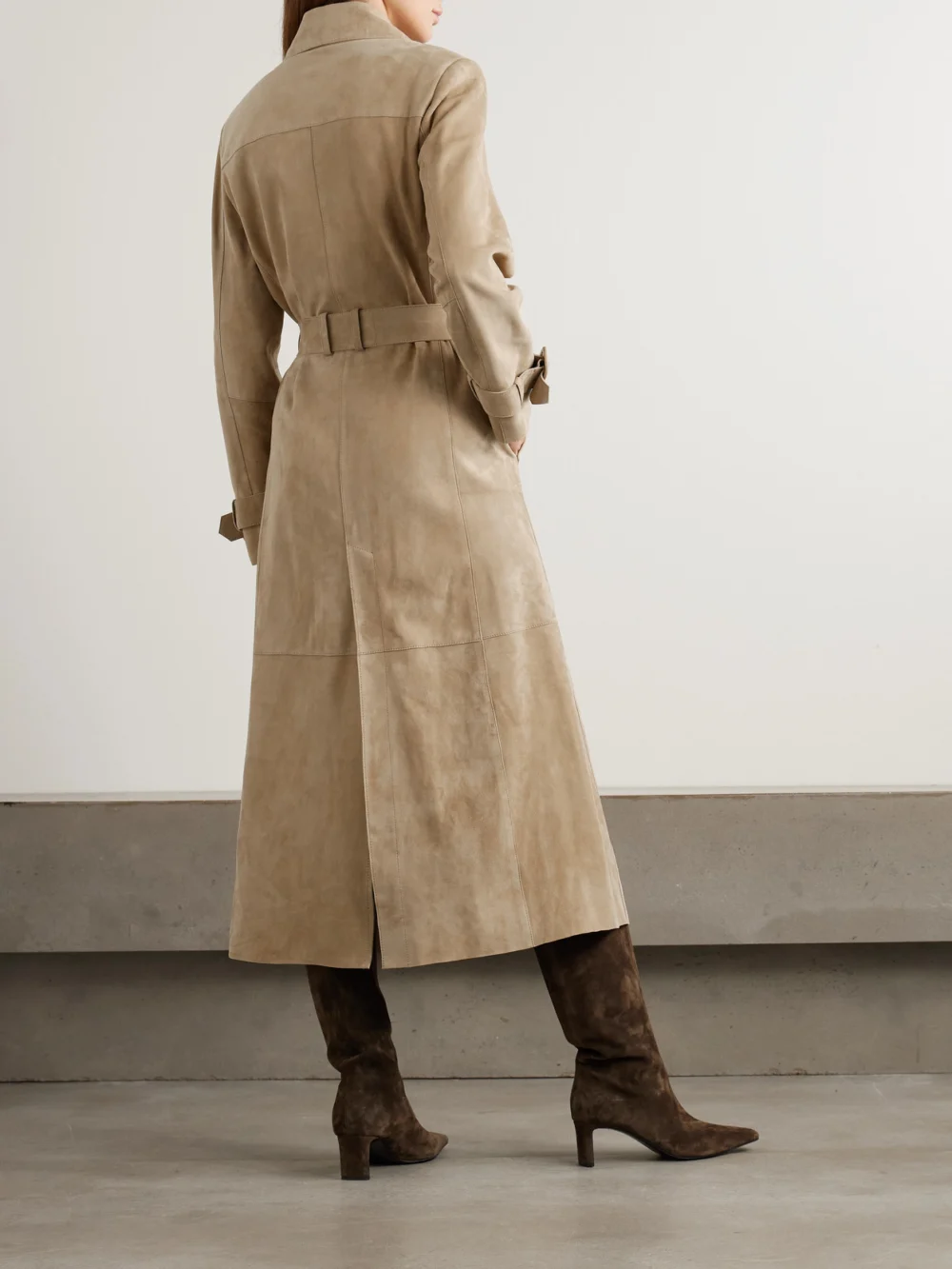 Back view of the Nour Hammour Tate Belted Suede Trench Coat